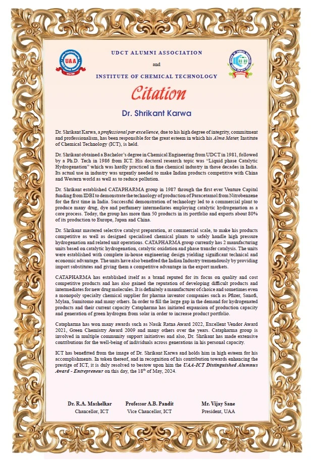 Distinguished Alumni (UDCT) Award 2024 for innovation in specialty chemicals, Nashik